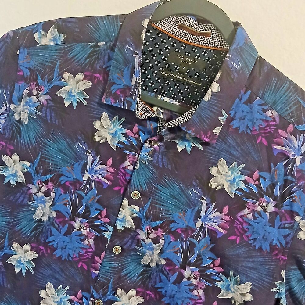 Ted Baker Floral Shirt Button Up Hawaiian Short Sleeve Casual Navy Size 7 #876